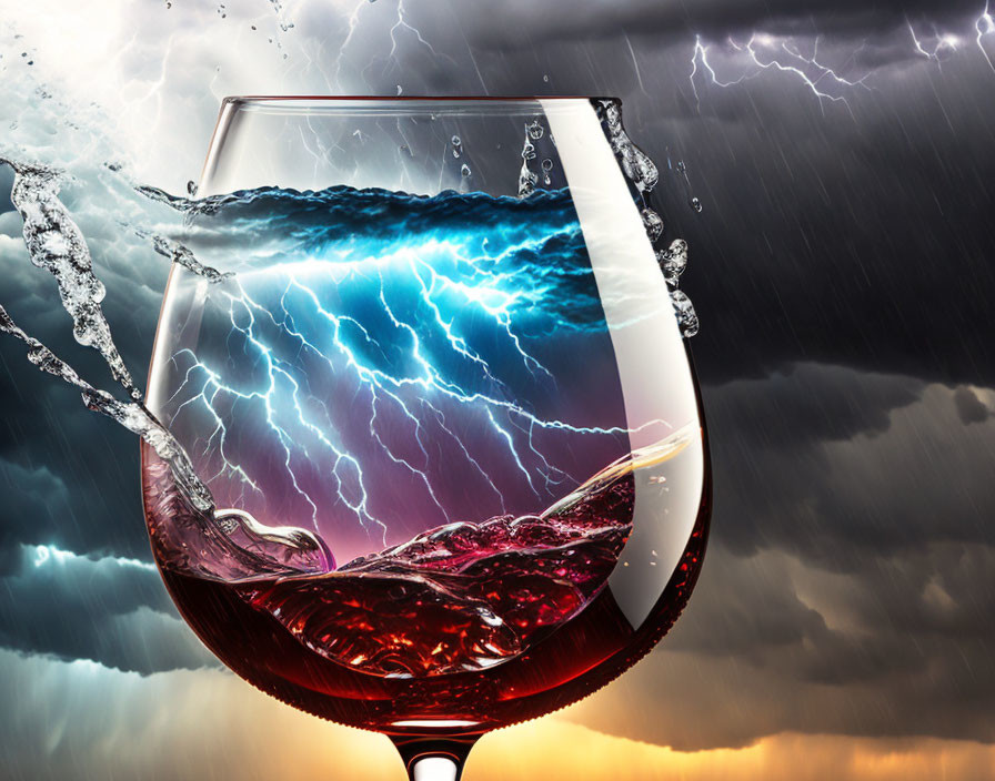 Red wine glass under stormy sky with splashing water