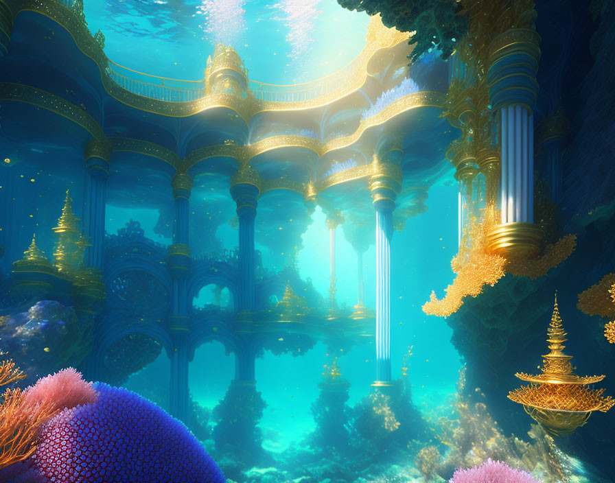 Ornate underwater fantasy palace with golden columns and intricate coral formations