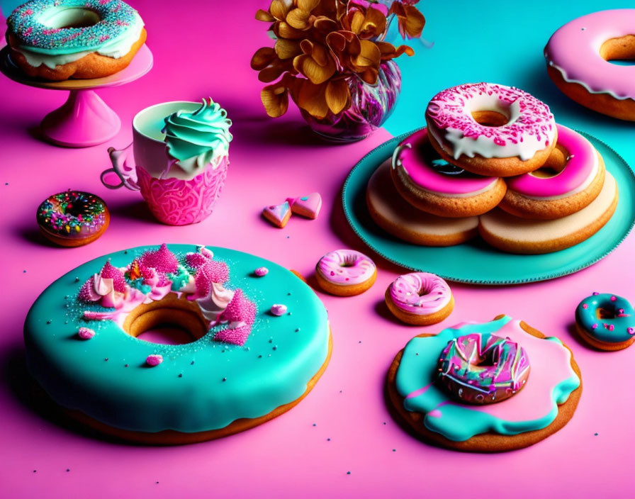 Assorted colorful donuts with icing and sprinkles on pink and teal background, with flower and cup