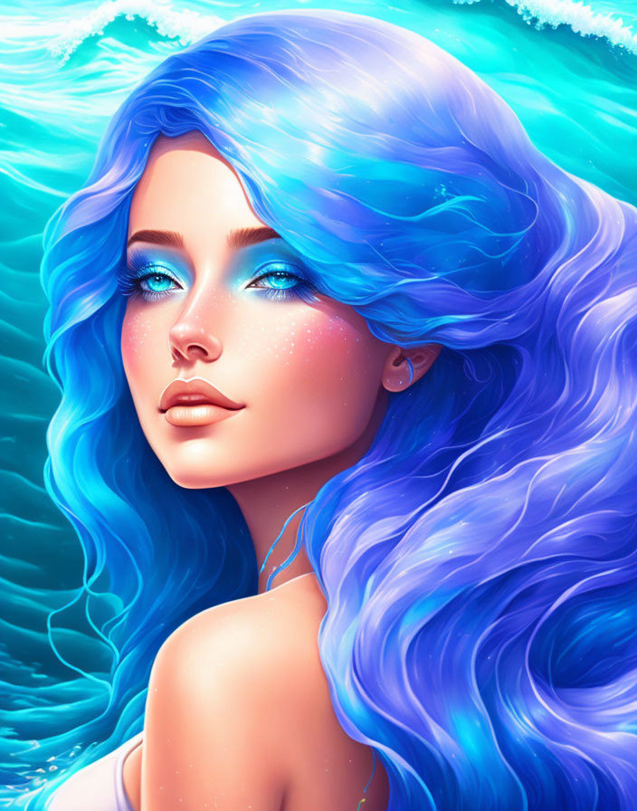 Illustration: Woman with Blue Hair and Eyes by Ocean Waves