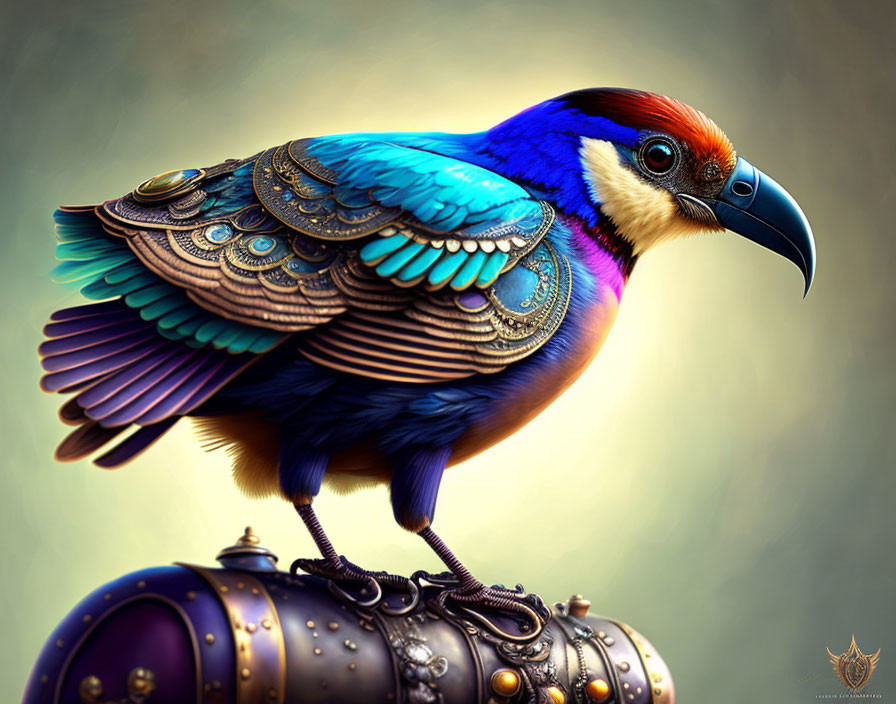 Colorful Fantastical Bird with Metallic Wings on Steampunk Chest