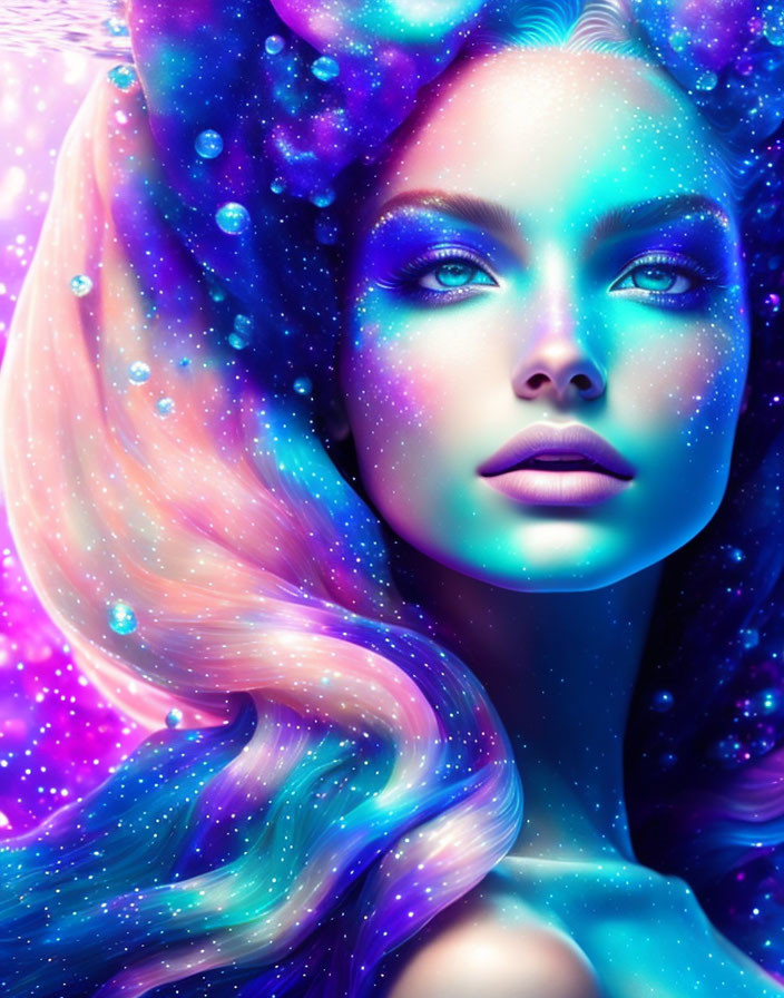 Multicolored hair woman with galaxy makeup in surreal portrait