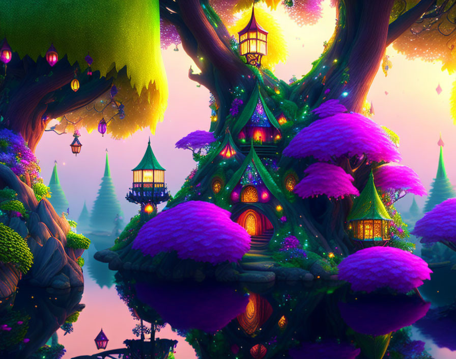 Magical Twilight Setting with Whimsical Treehouses and Glowing Lanterns