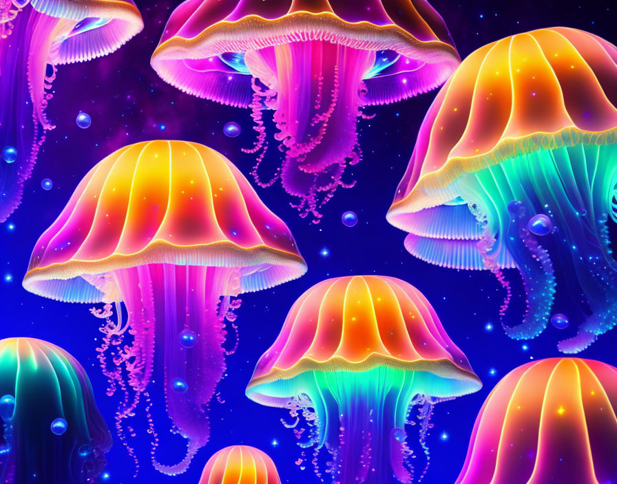 Colorful Jellyfish in Neon Tones Swimming in Deep Blue Ocean