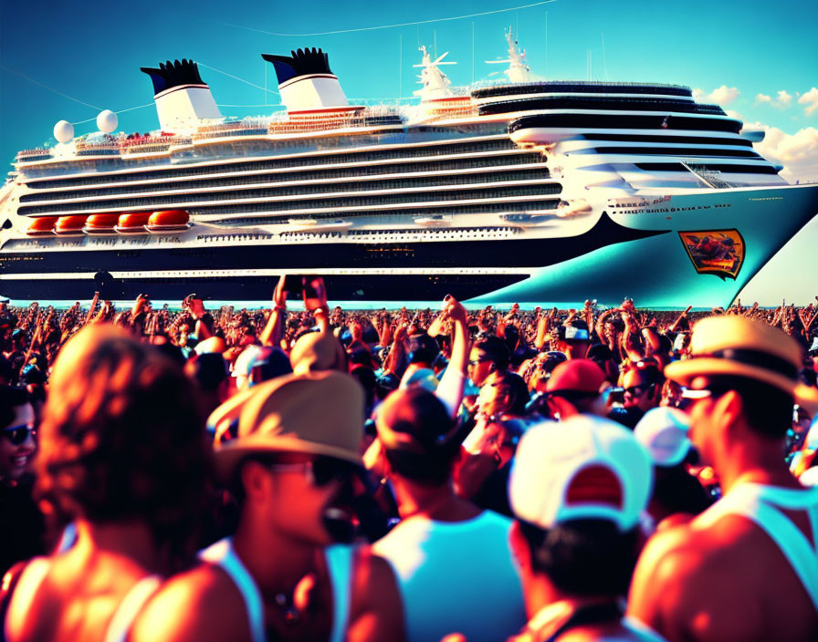 Sunny outdoor party with vibrant crowd and cruise ship backdrop