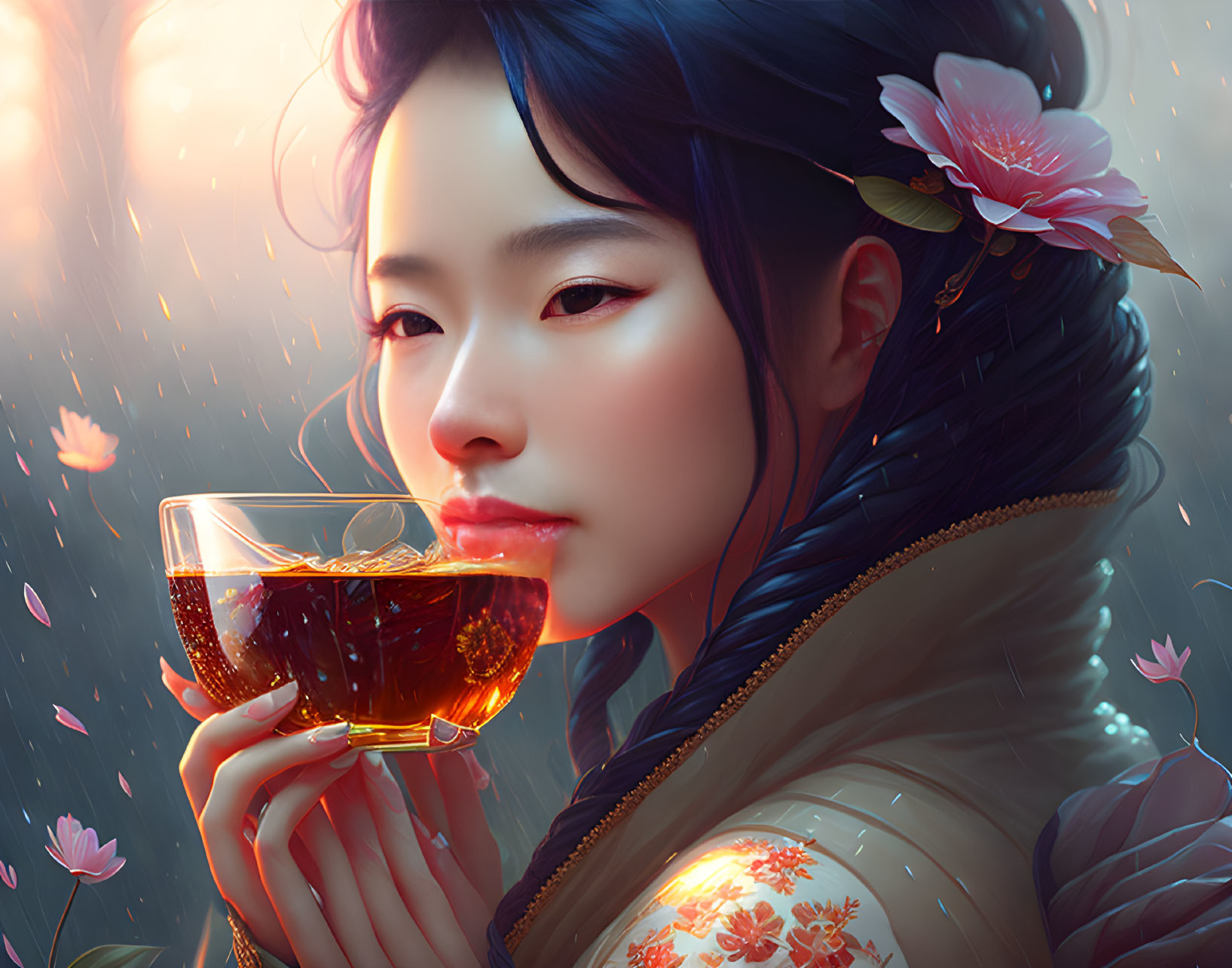 Serene woman holding tea cup with floating petals in warm light