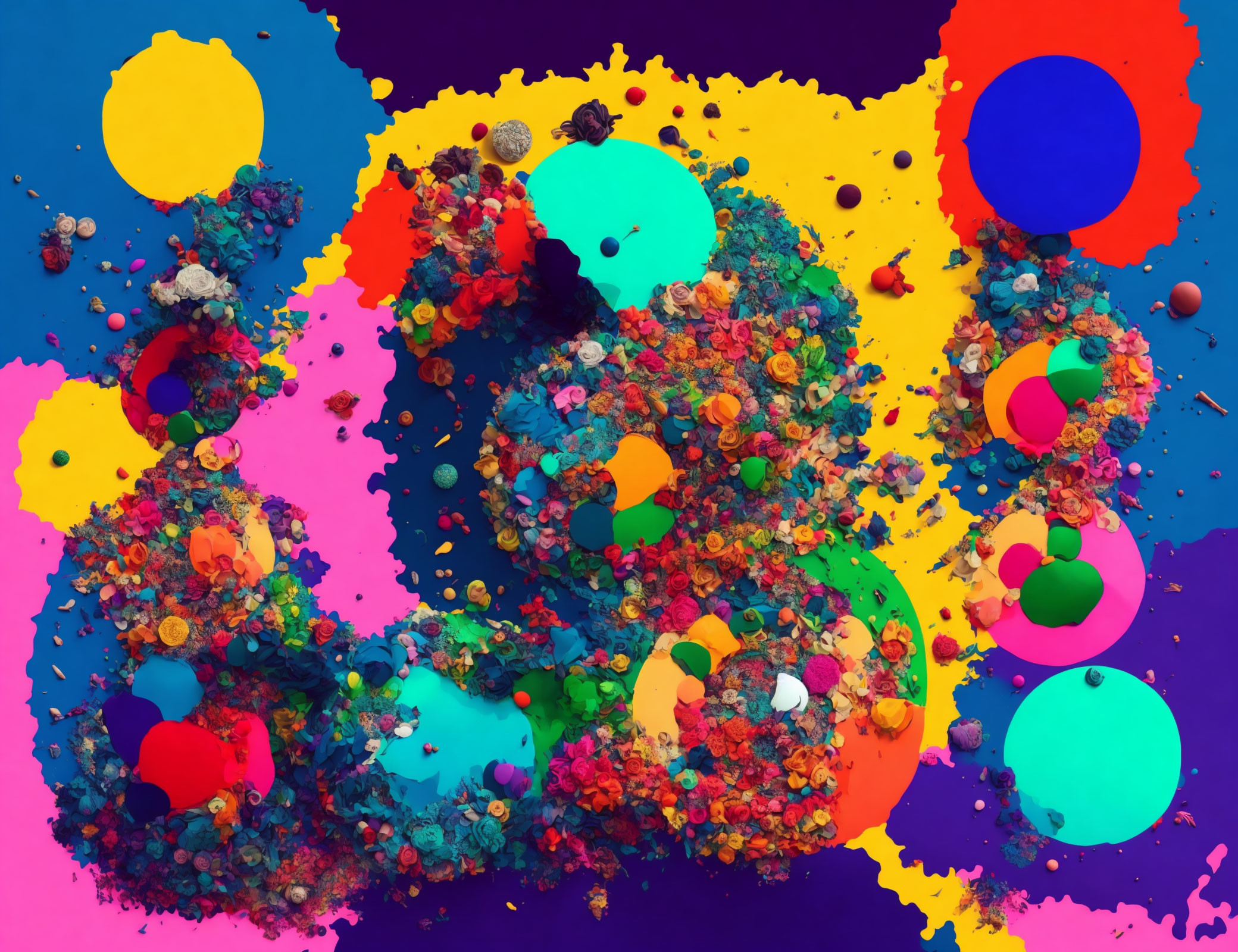 Colorful Abstract Art with Flowers and Spheres Scattered Throughout