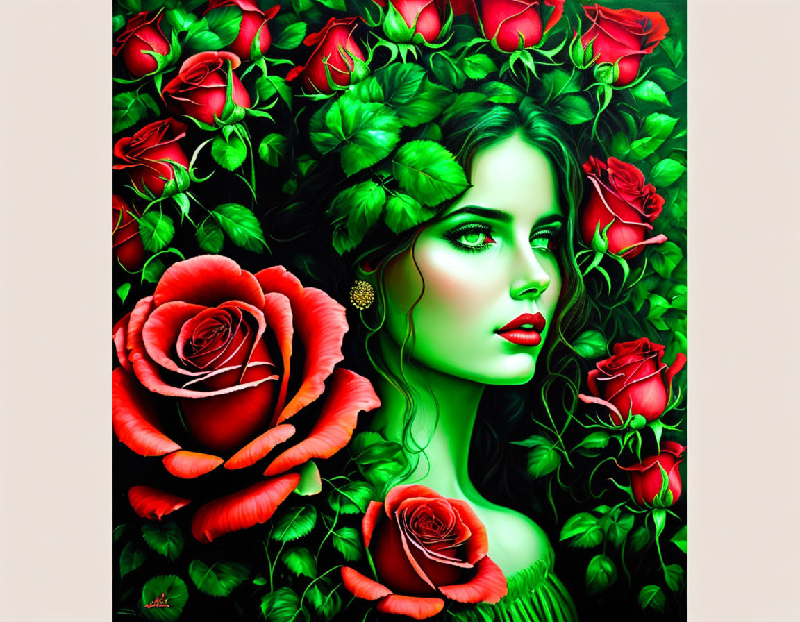 Portrait of Woman with Emerald Skin Surrounded by Red Roses