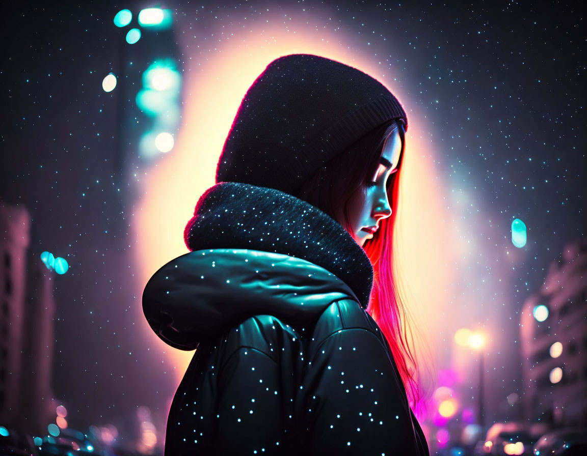 Person in Black Hoodie and Jacket with Neon City Lights and Falling Snowflakes