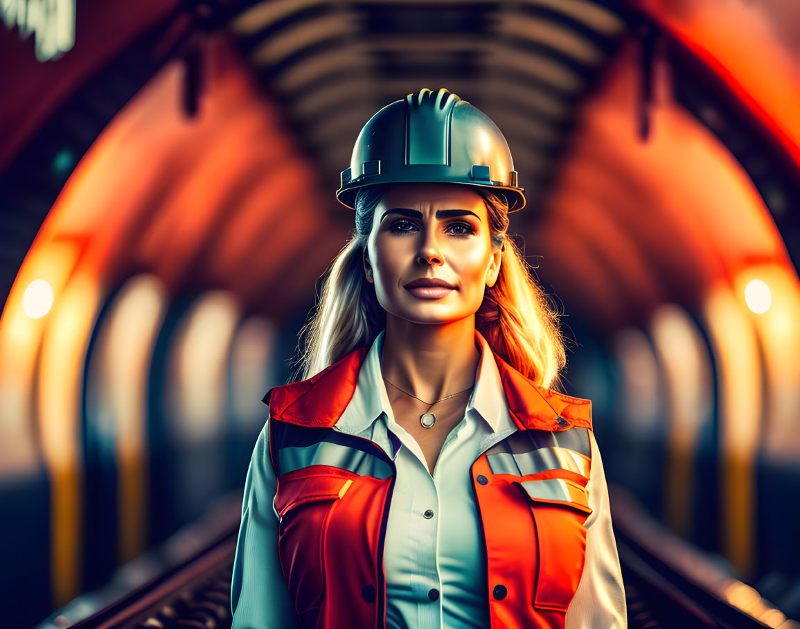 Confident woman in hard hat and high-visibility jacket in industrial tunnel