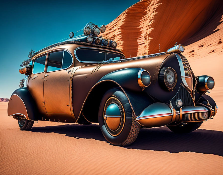 Rounded Vintage Car with Roof Racks in Desert Scene