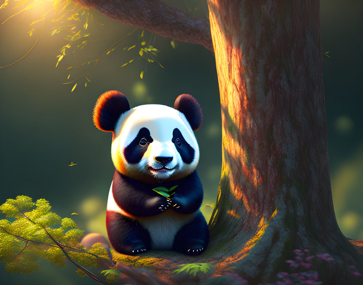 Colorful Panda Sitting Under Tree with Sunlight and Butterfly