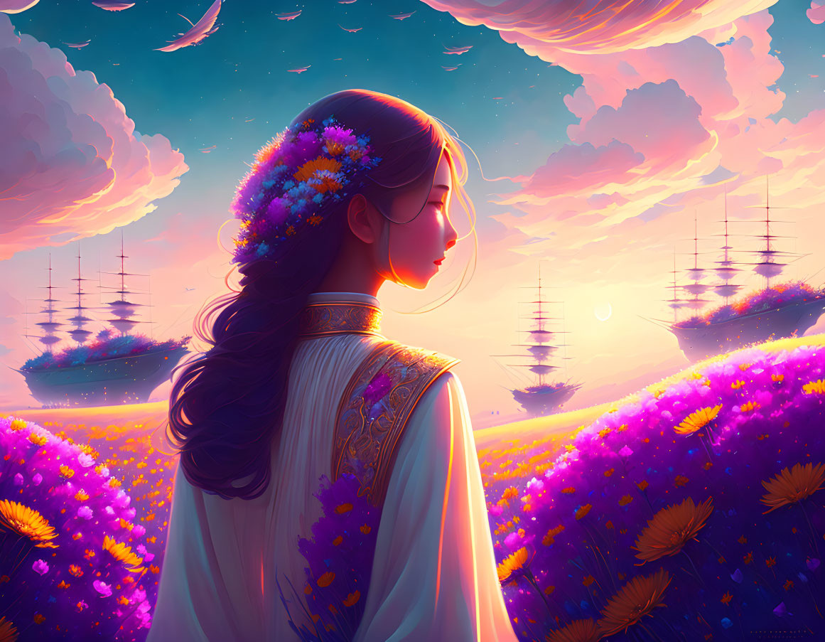 Woman admiring sunset in field with purple flowers and sailboats on horizon