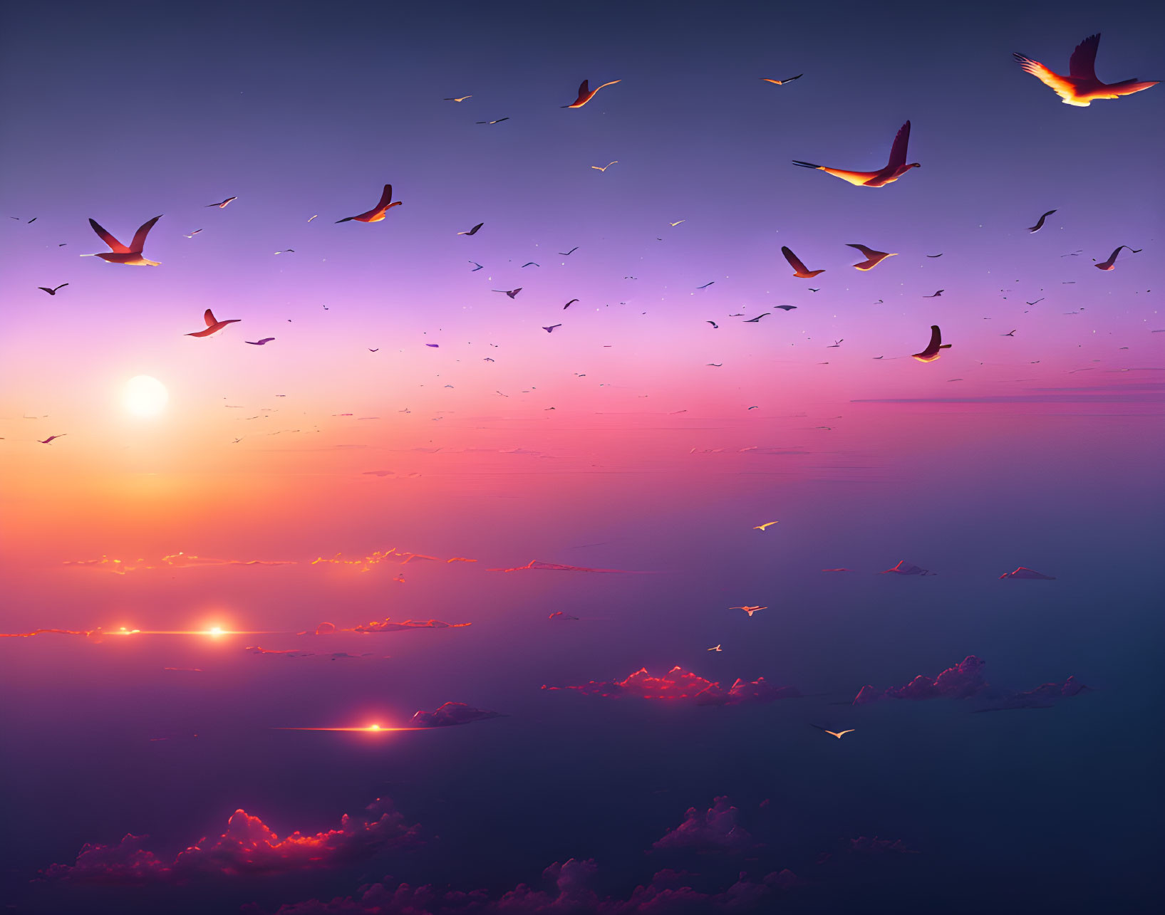 Sunset scene: Birds flying with purple and pink hues on clouds and water