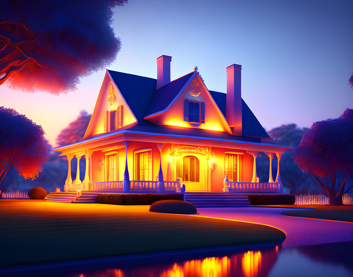 Victorian house illuminated at twilight with warm lights