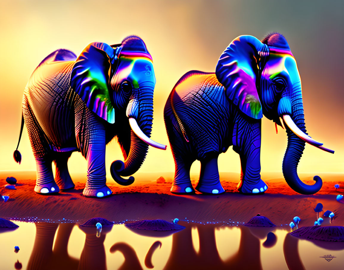 Vibrant neon-colored elephants facing each other on amber background with blue mushrooms