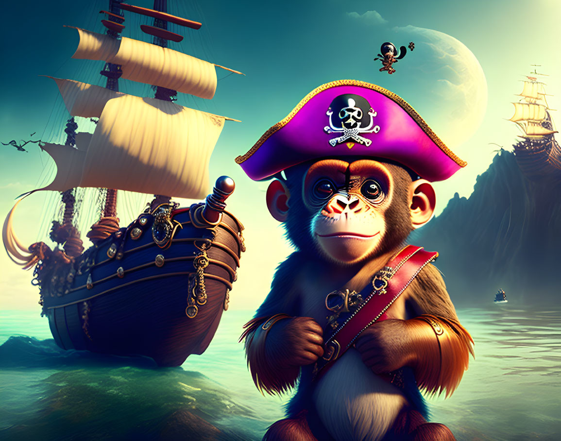 Whimsical pirate monkey with ship in moonlit sky