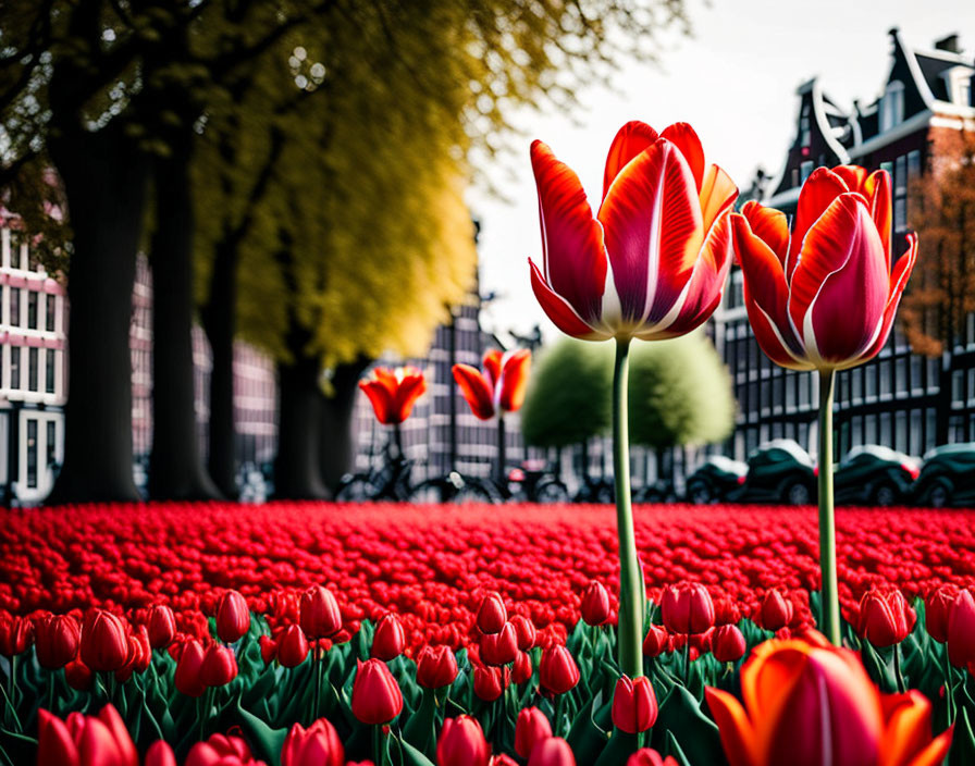 Bright red tulips against blurred Dutch houses and trees in urban park