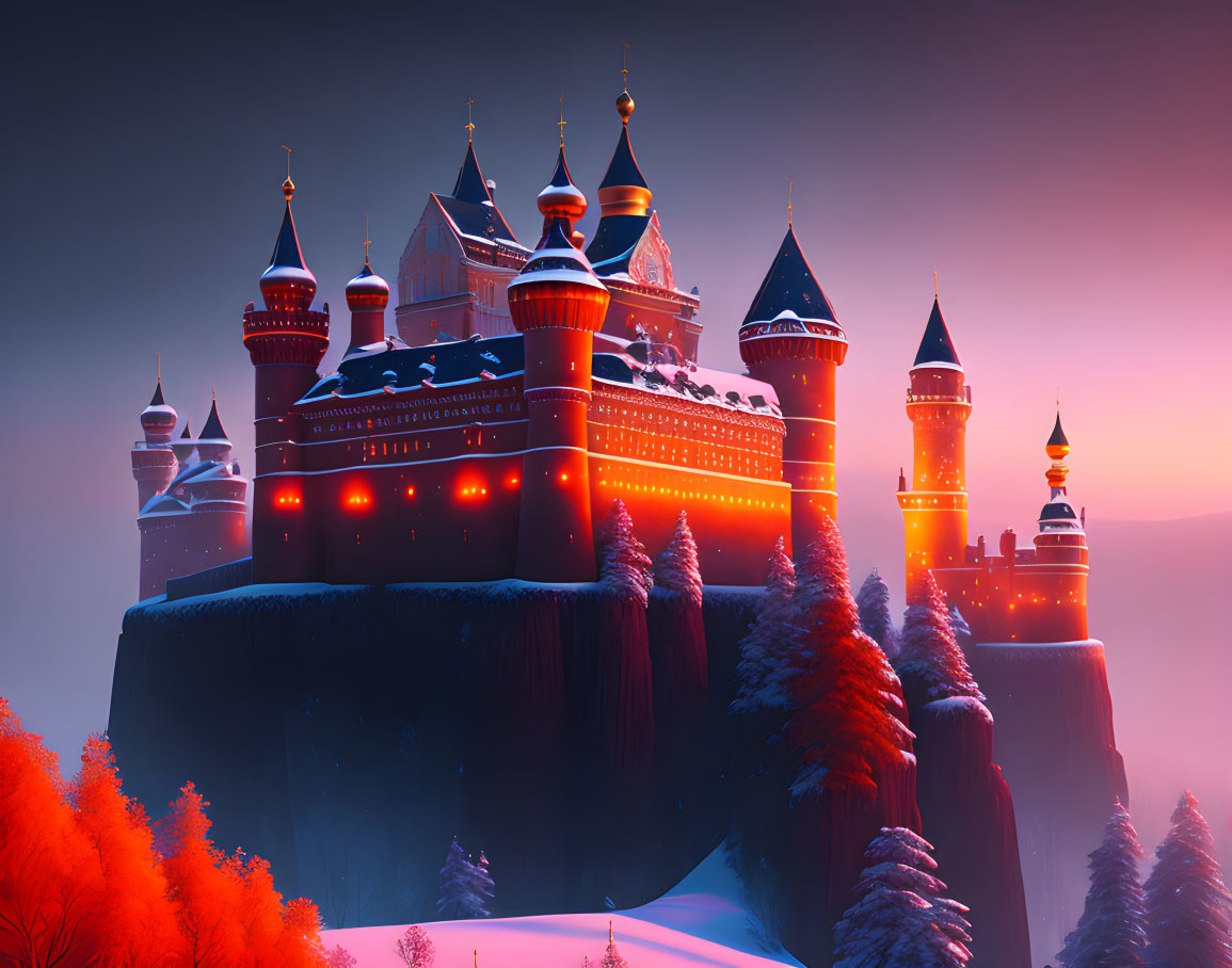 Majestic castle on cliff with warm lights, snow-covered trees