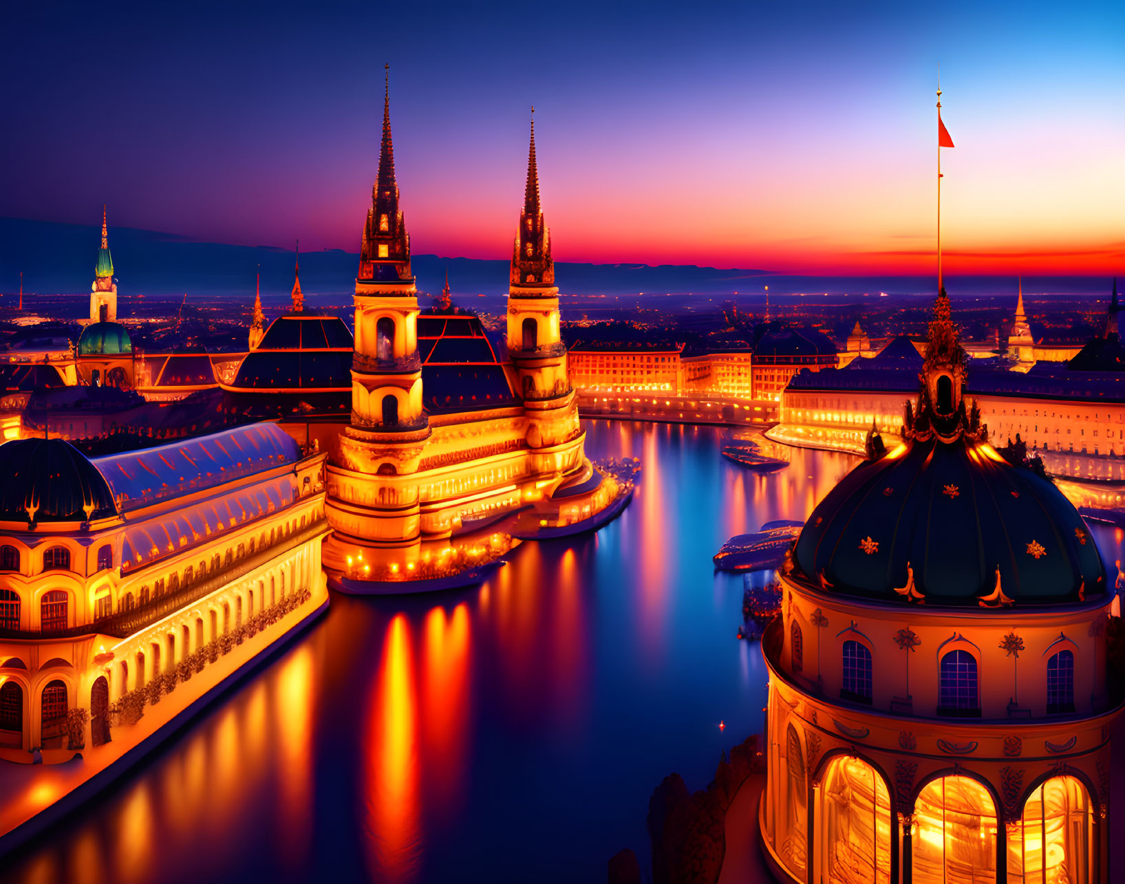 Cityscape at Twilight with Illuminated Buildings, Spires, and River Reflections