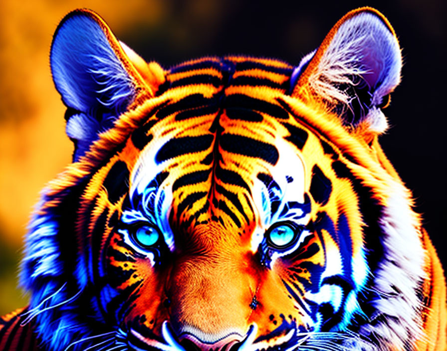 Colorful digital artwork of a tiger with blue eyes and vibrant orange, black, and blue fur.