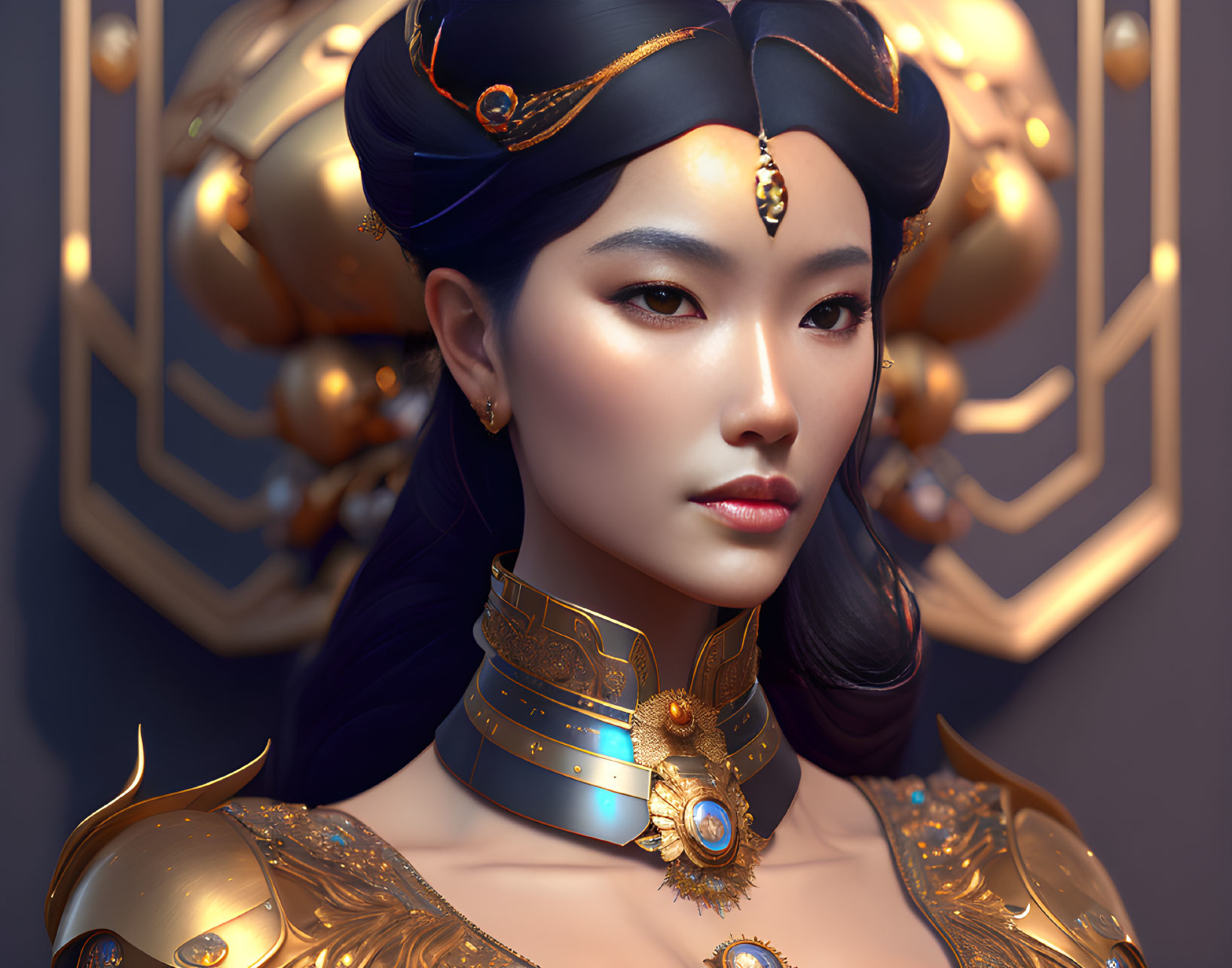 Digital artwork of Asian woman in ornate golden armor with blue accents and elaborate headdress.