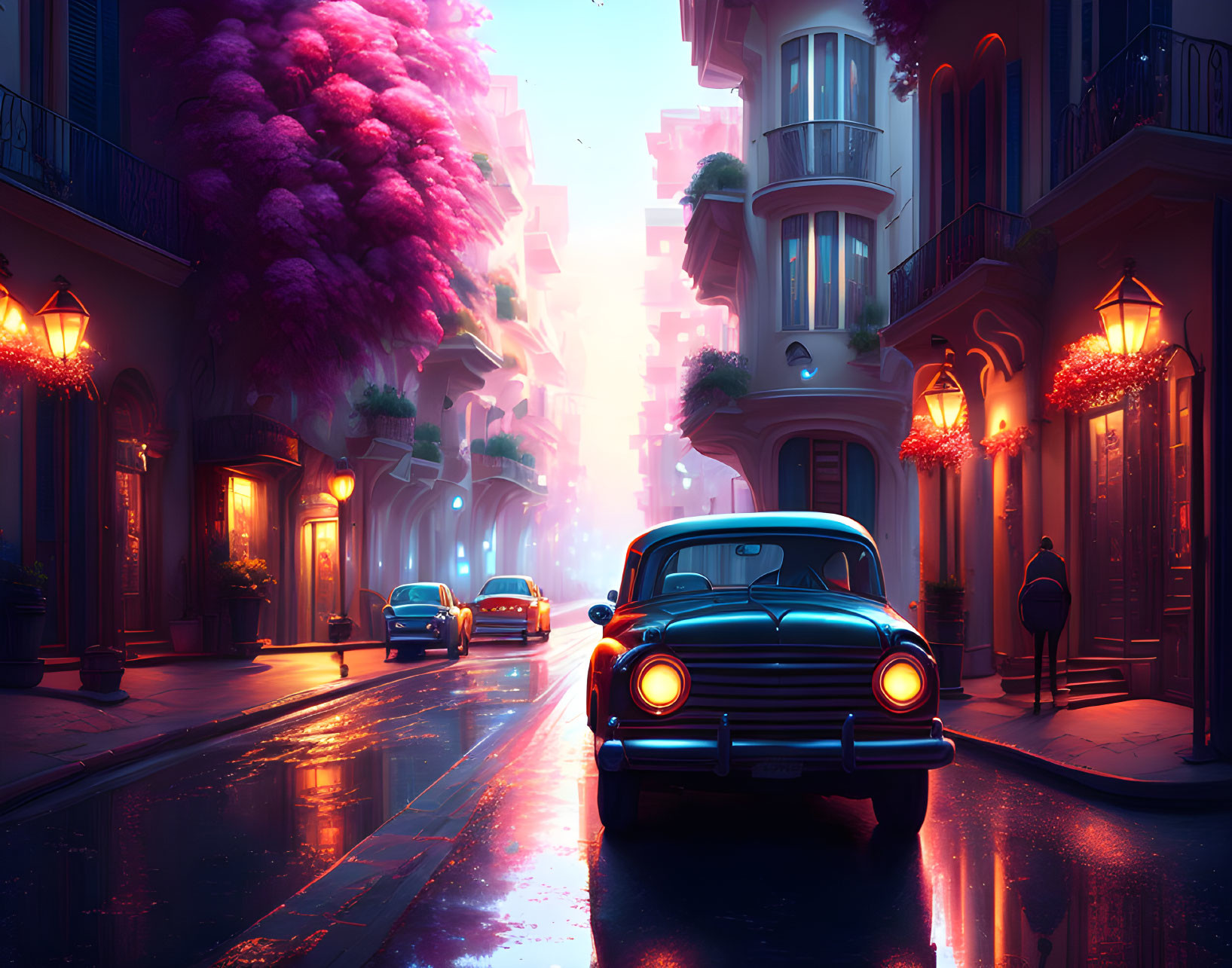 Twilight street scene with classic cars, glowing lights, and colorful buildings