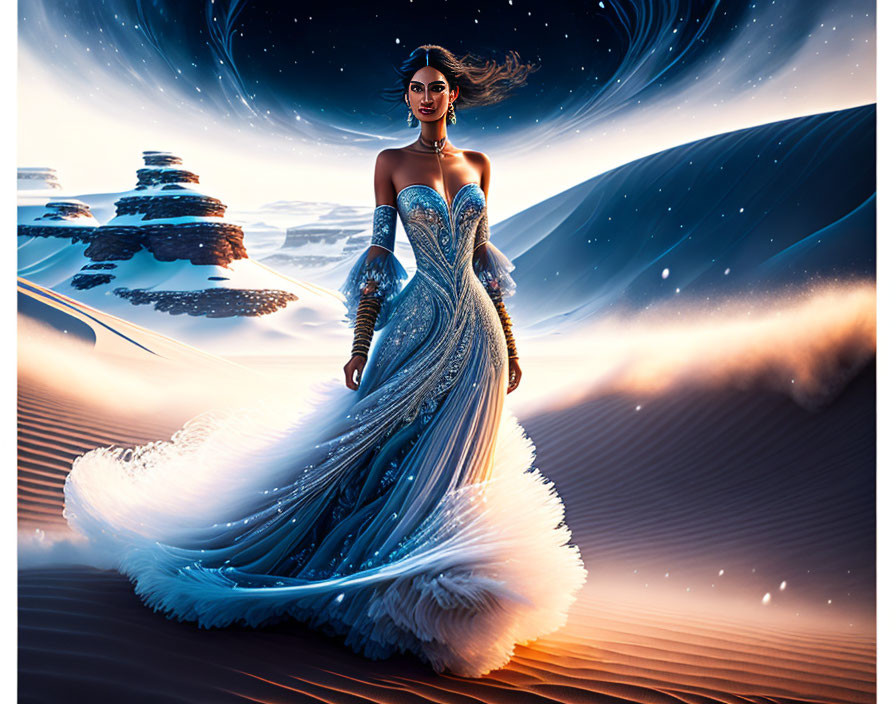 Digital artwork: Woman in blue & white gown in desert with mystical sky patterns