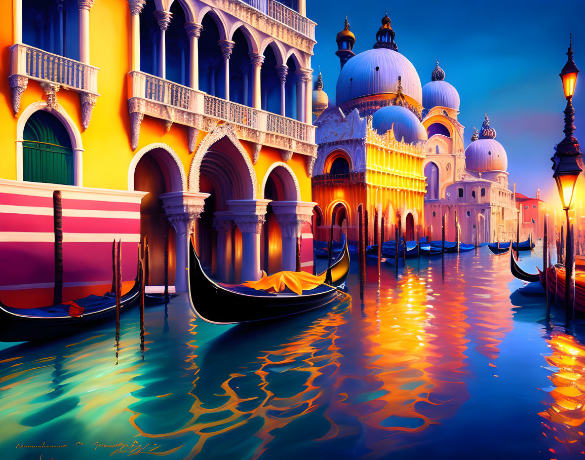 Colorful Venice Digital Artwork: Buildings, Gondolas, Sunset