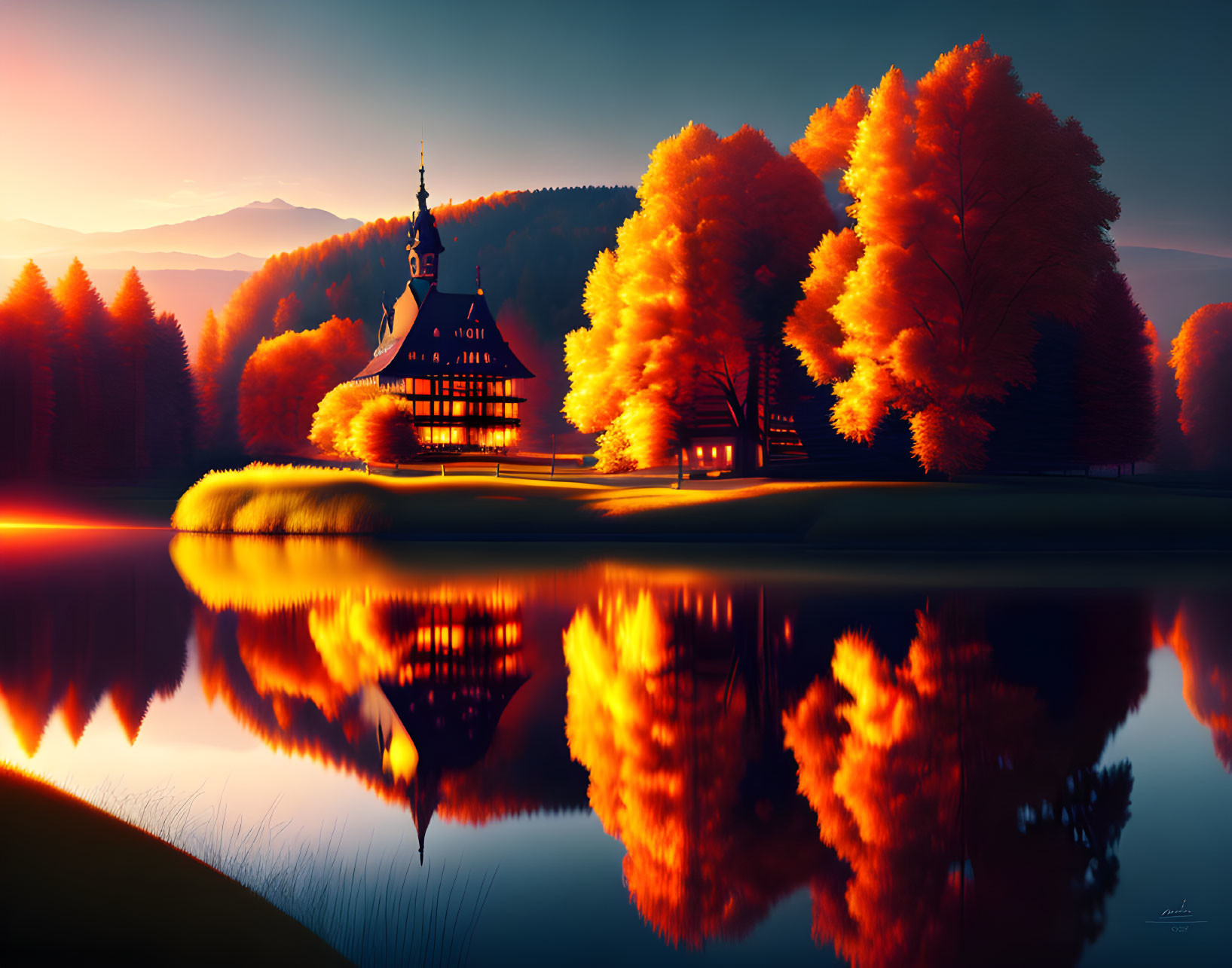 Tranquil autumn landscape with orange trees, lake reflection, church, and mountains at dusk