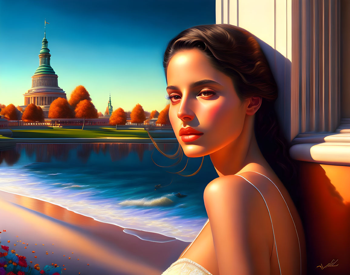 Digital art portrait of woman in autumnal scenery with capitol-like building, warm colors.