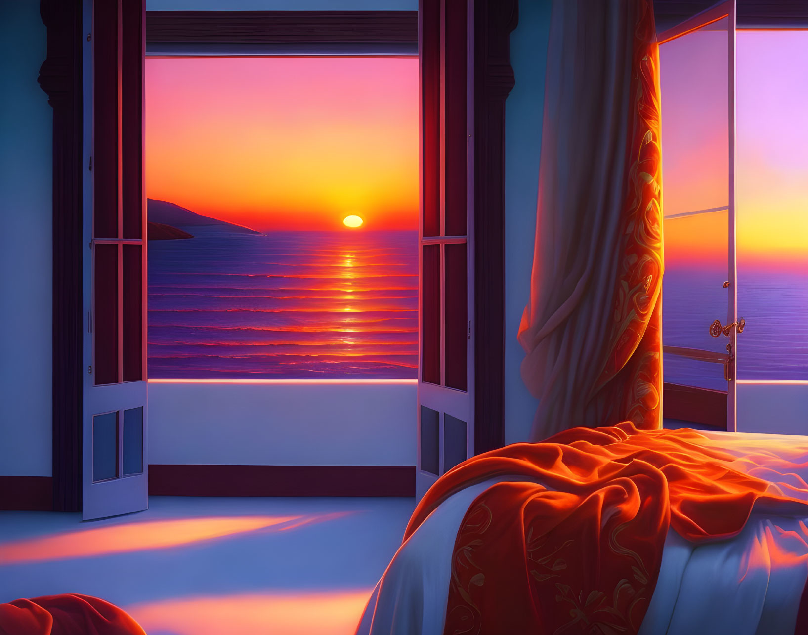 Tranquil sunset view through open French doors showcasing ocean horizon.