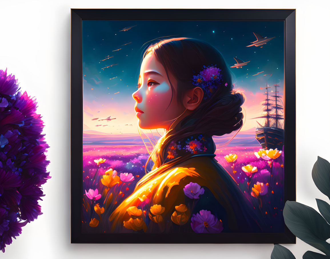 Illustration of girl admiring night sky over vibrant field.