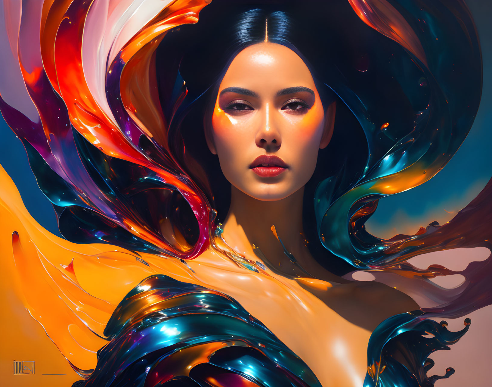 Colorful liquid swirl around woman with makeup and sleek hair