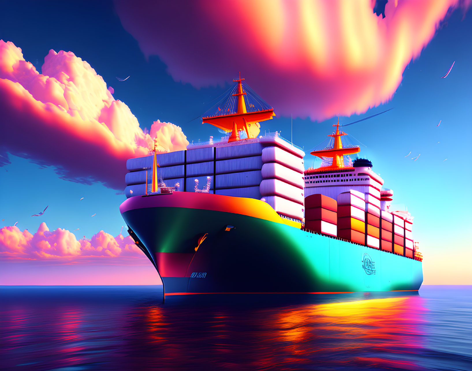 Colorful cargo ship sailing at sunset with pink and purple sky