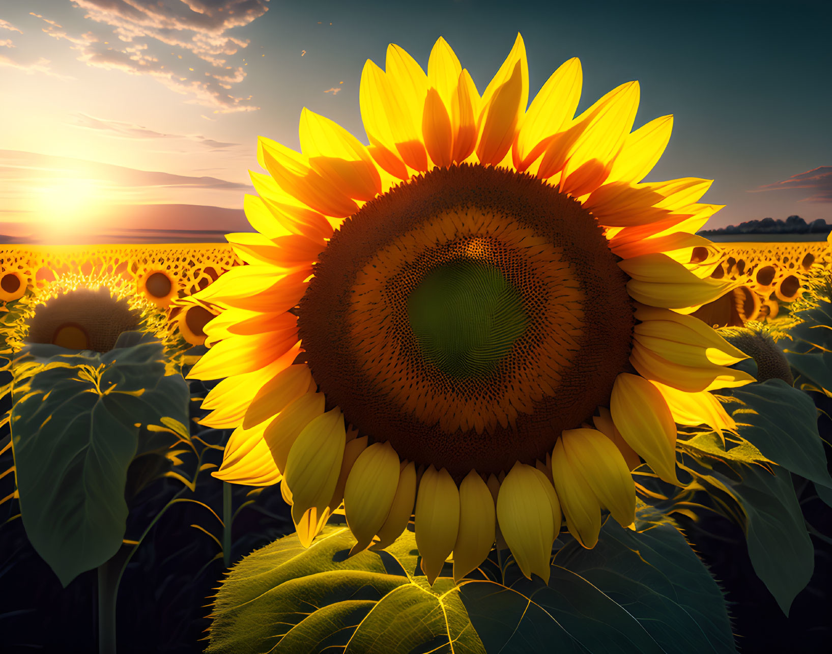 Sunflower in Sharp Focus Against Sunset Field