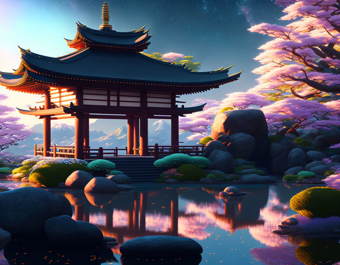 Traditional Pagoda in Cherry Blossom Sunset Scene