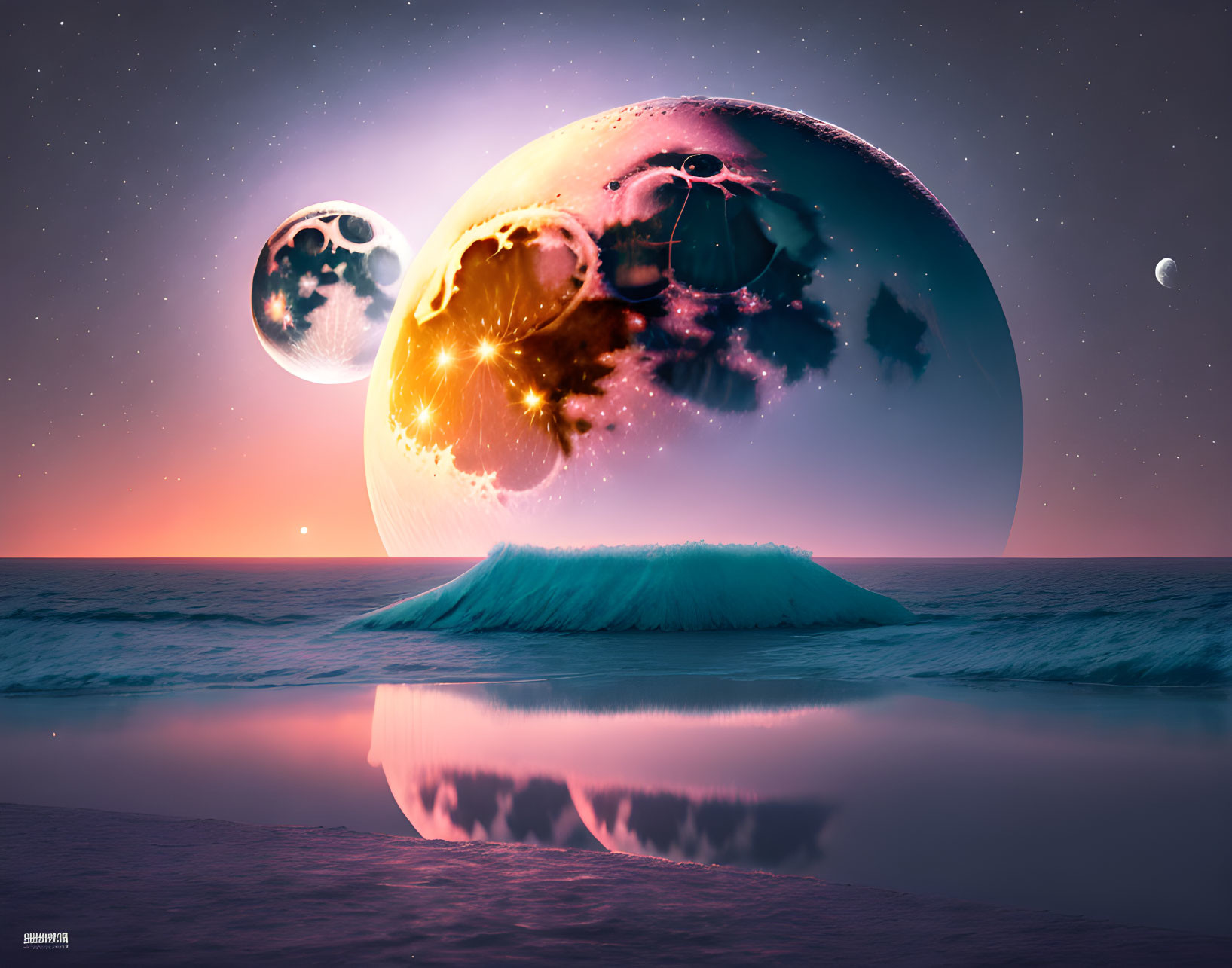 Surreal sunset beach scene with oversized bubbles and tropical landscapes