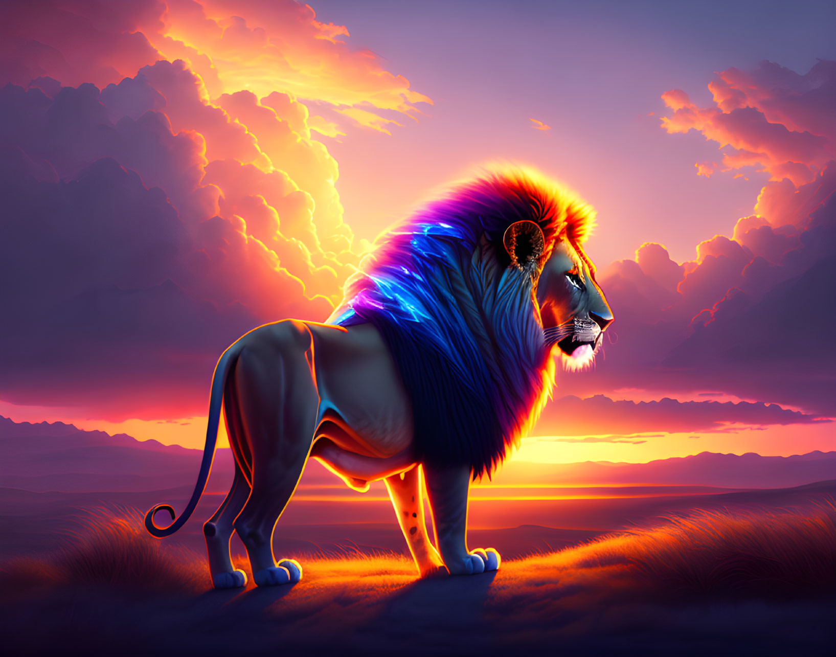 Majestic lion with neon-lit mane against sunset sky with lightning