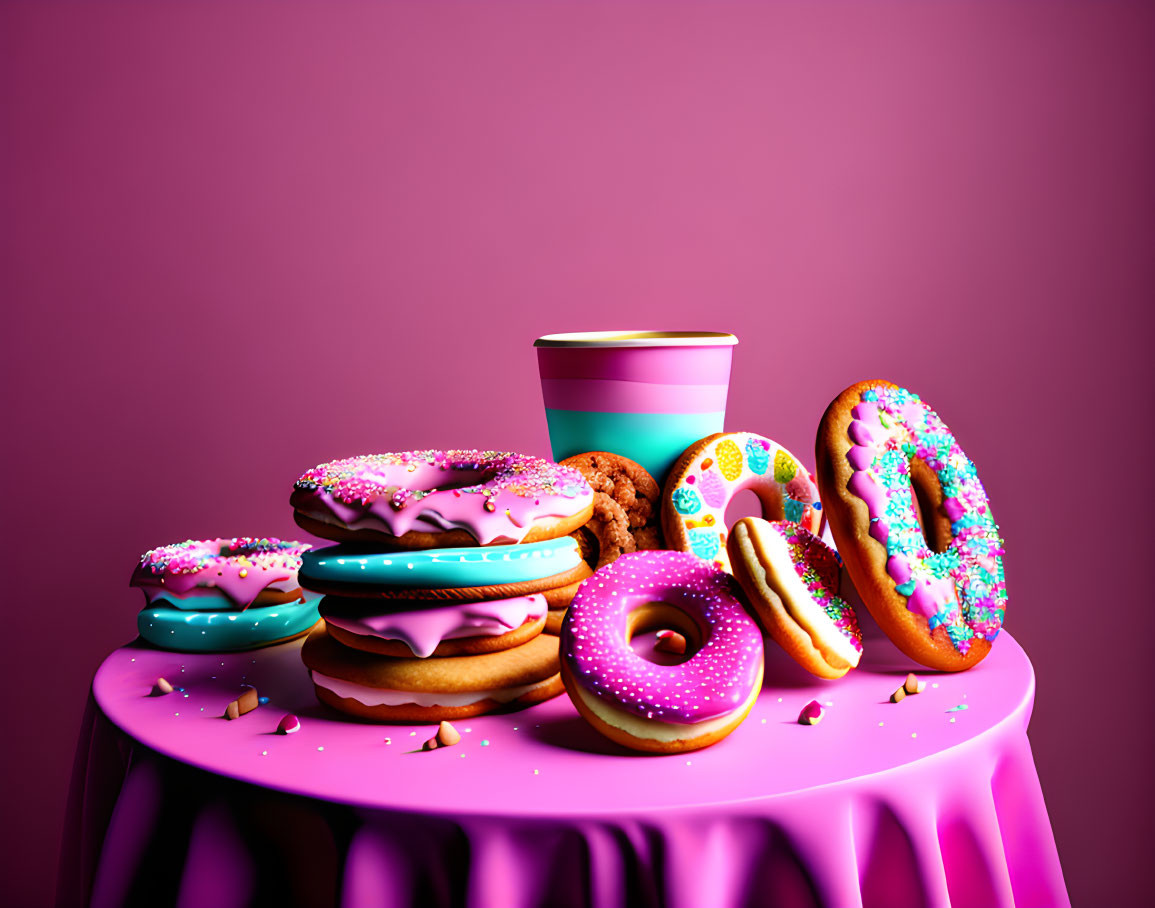 Assorted colorful donuts with various icings and sprinkles on pink table against purple backdrop