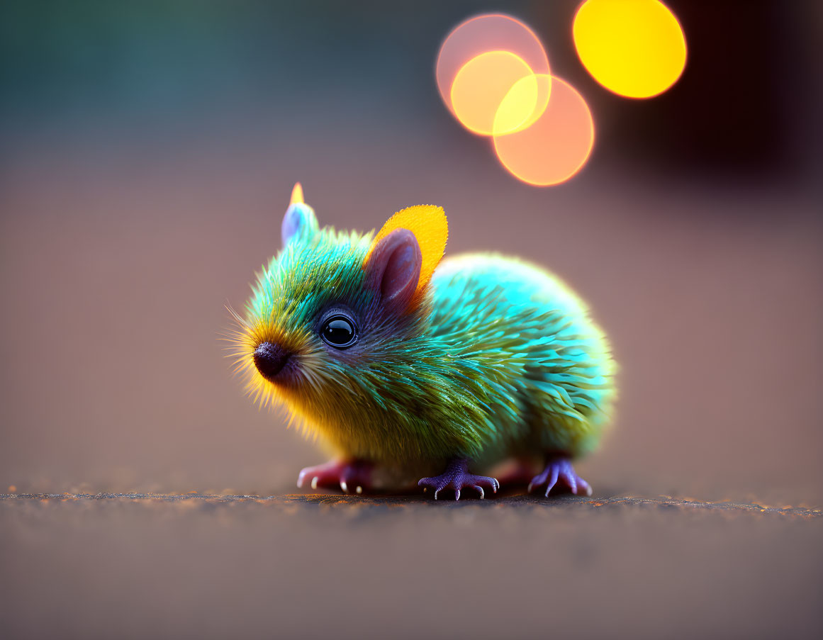 Colorful turquoise furry creature with luminous yellow ears on soft bokeh background