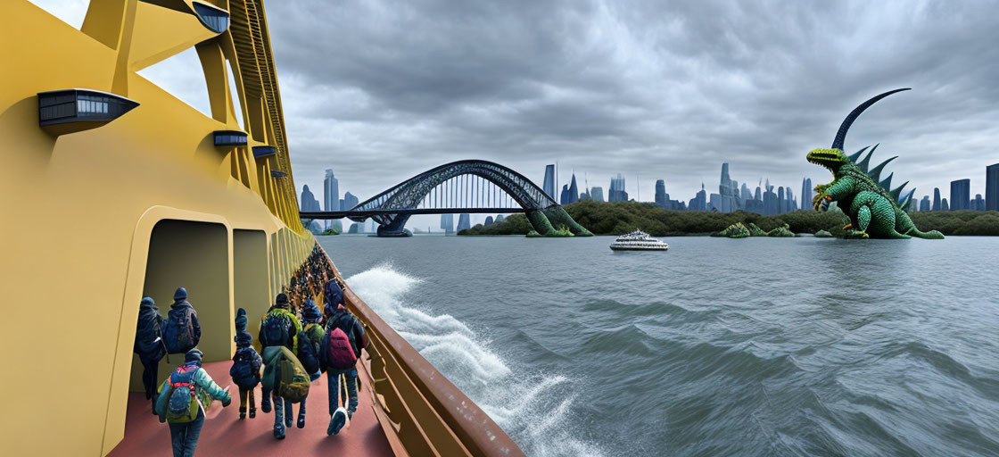 Ferry passengers see green monster near city bridge