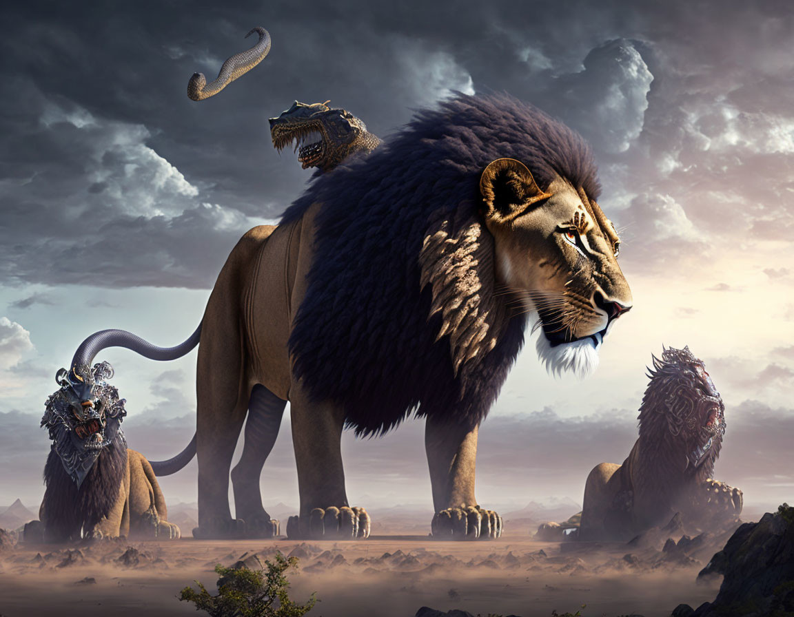 Mythical creature with lion body and multiple animal heads in desert landscape under cloudy sky