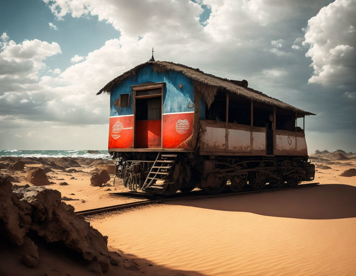 Abandoned colorful train car on sandy beach under cloudy sky