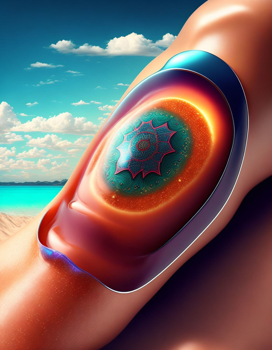 Surreal leg illustration with cosmic portal and galaxy on beach