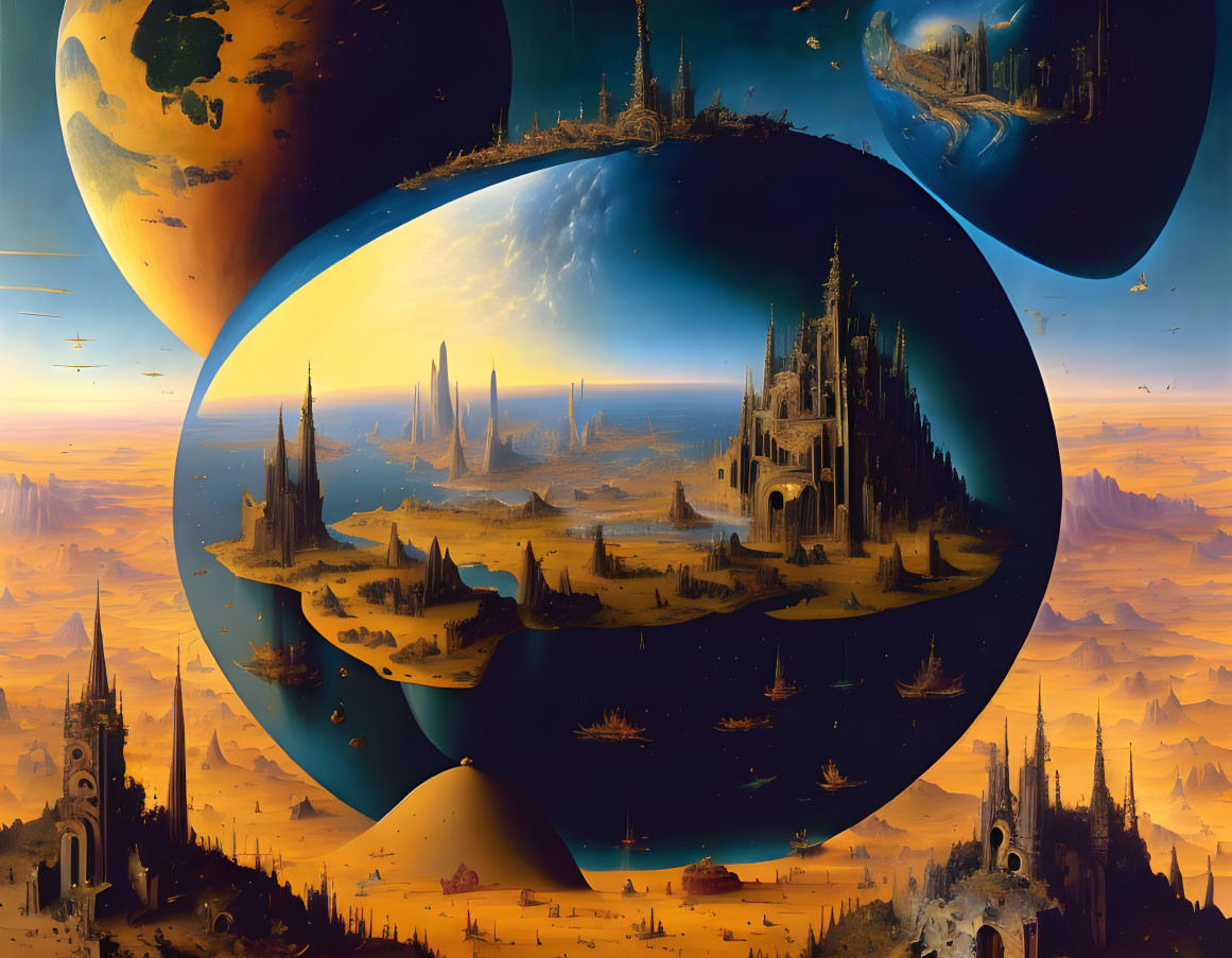 Surreal landscape with floating castles, sky ships, and giant planets