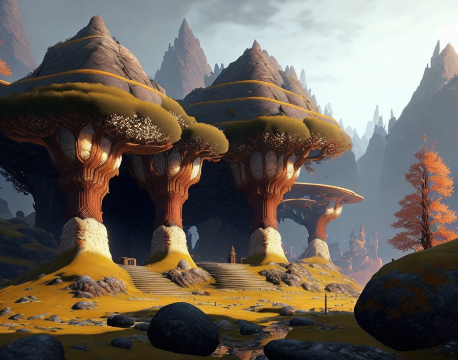 Fantastical landscape with oversized mushroom trees and stone pathway