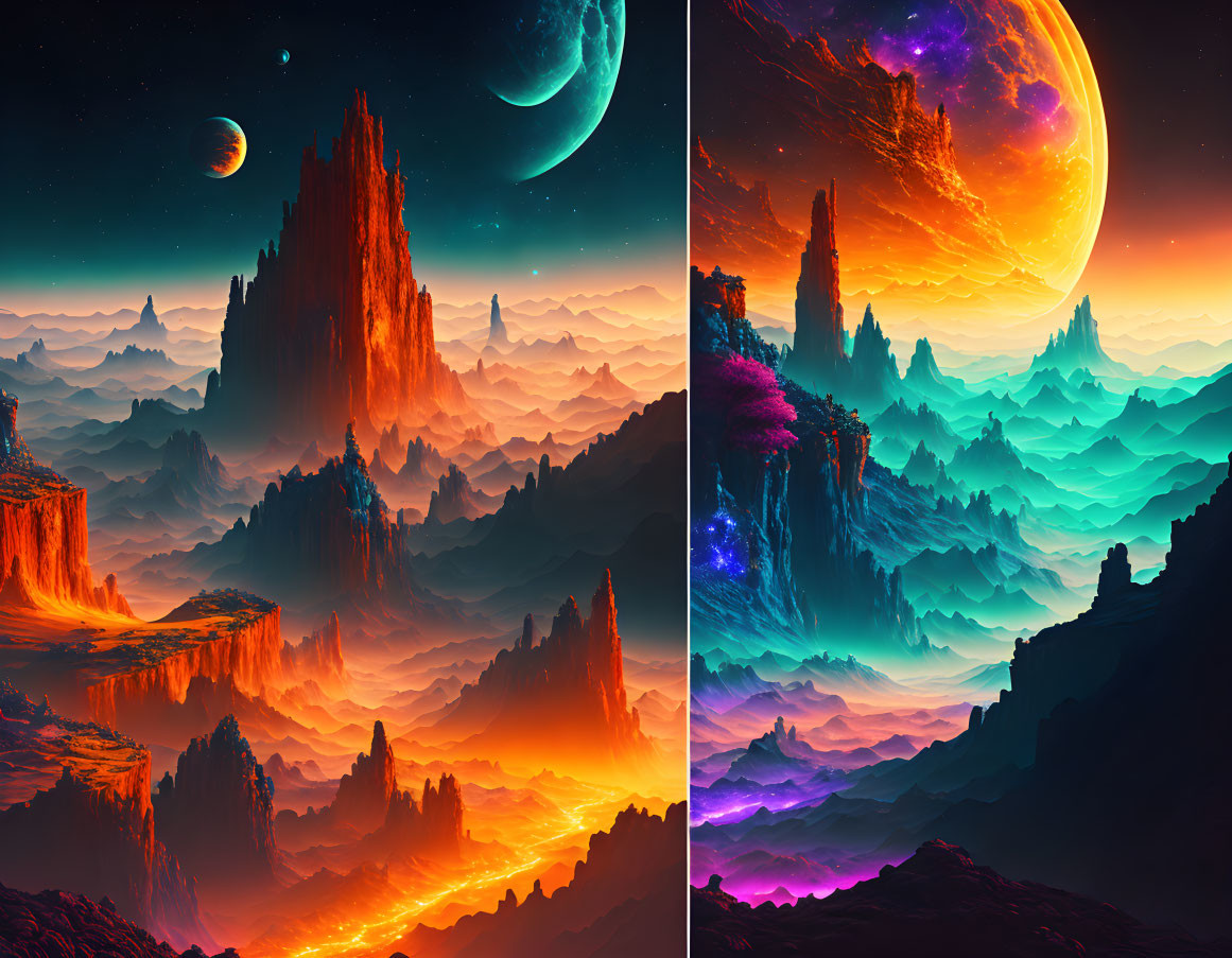 Split-scene digital artwork: Contrasting alien landscapes with towering rock formations under celestial skies