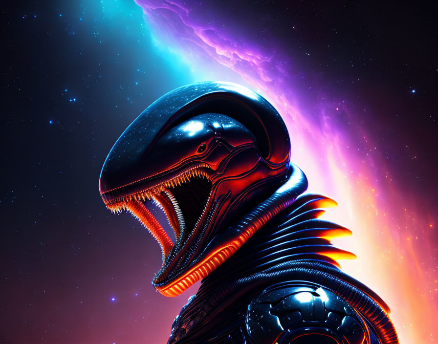 Alien creature with shiny black exoskeleton and open mouth in cosmic setting