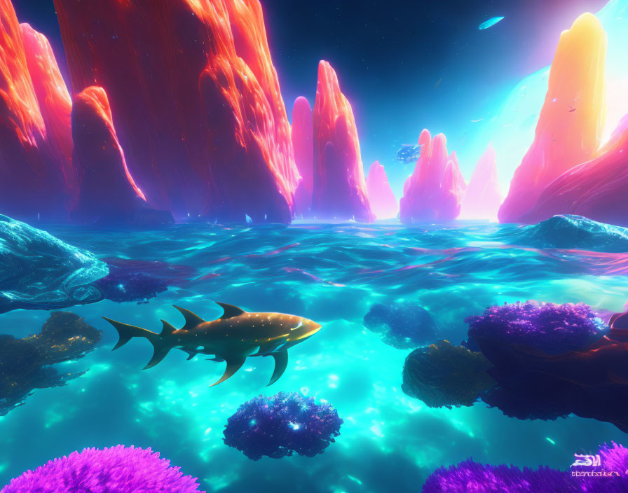 Colorful Underwater Scene: Luminescent Corals, Alien Fish, and Rock Formations